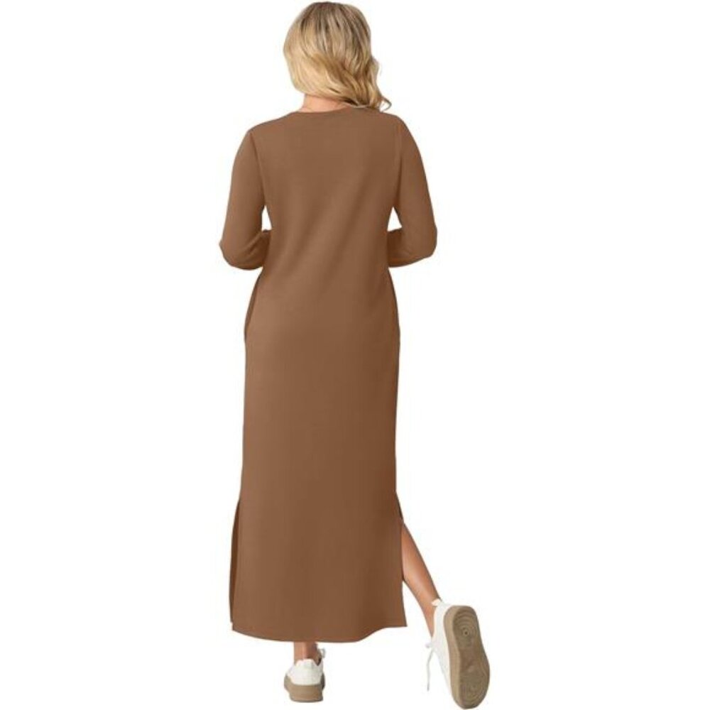 Women's Casual Round Neck Long Sleeve Loose Split Long Maxi Dress with Pockets - Picture 6 of 6